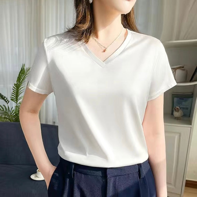 T-shirt en soie naturelle pour femme à manche courte, col V
