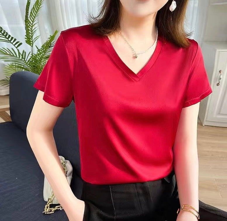 T-shirt en soie naturelle pour femme à manche courte, col V