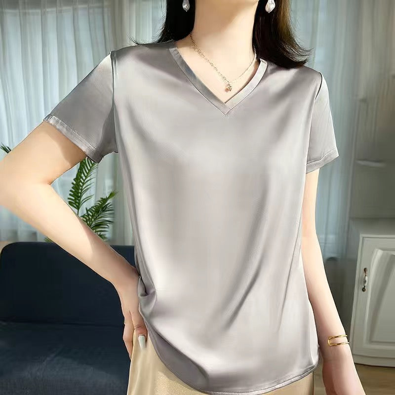 T-shirt en soie naturelle pour femme à manche courte, col V