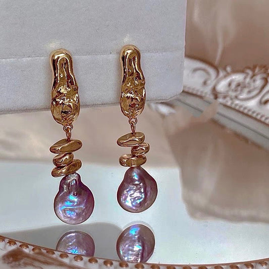 Boucles d'oreilles effets goutte d'eau du volcan couche violet dorée en perle baroque