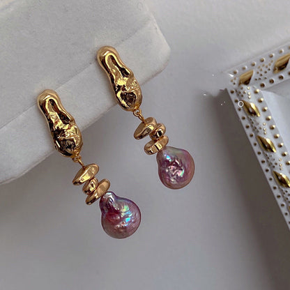 Boucles d'oreilles effets goutte d'eau du volcan couche violet dorée en perle baroque