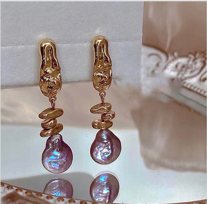 Boucles d'oreilles effets goutte d'eau du volcan couche violet dorée en perle baroque