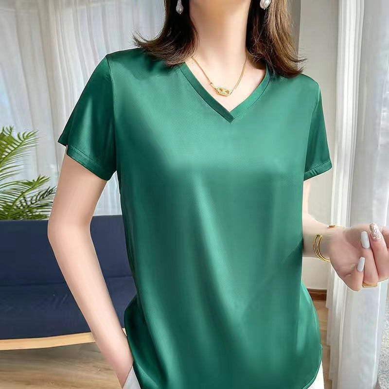 Women's natural silk t-shirt with short sleeves, V-neck