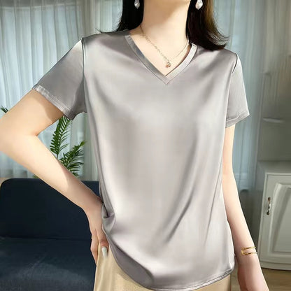 Women's natural silk t-shirt with short sleeves, V-neck