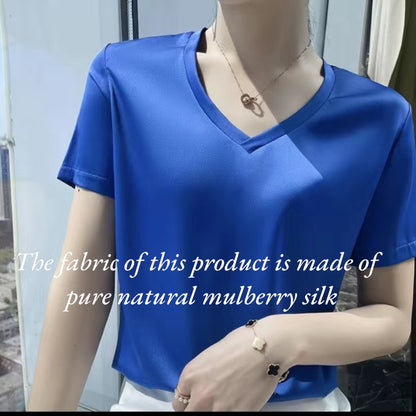 Women's natural silk t-shirt with short sleeves, V-neck